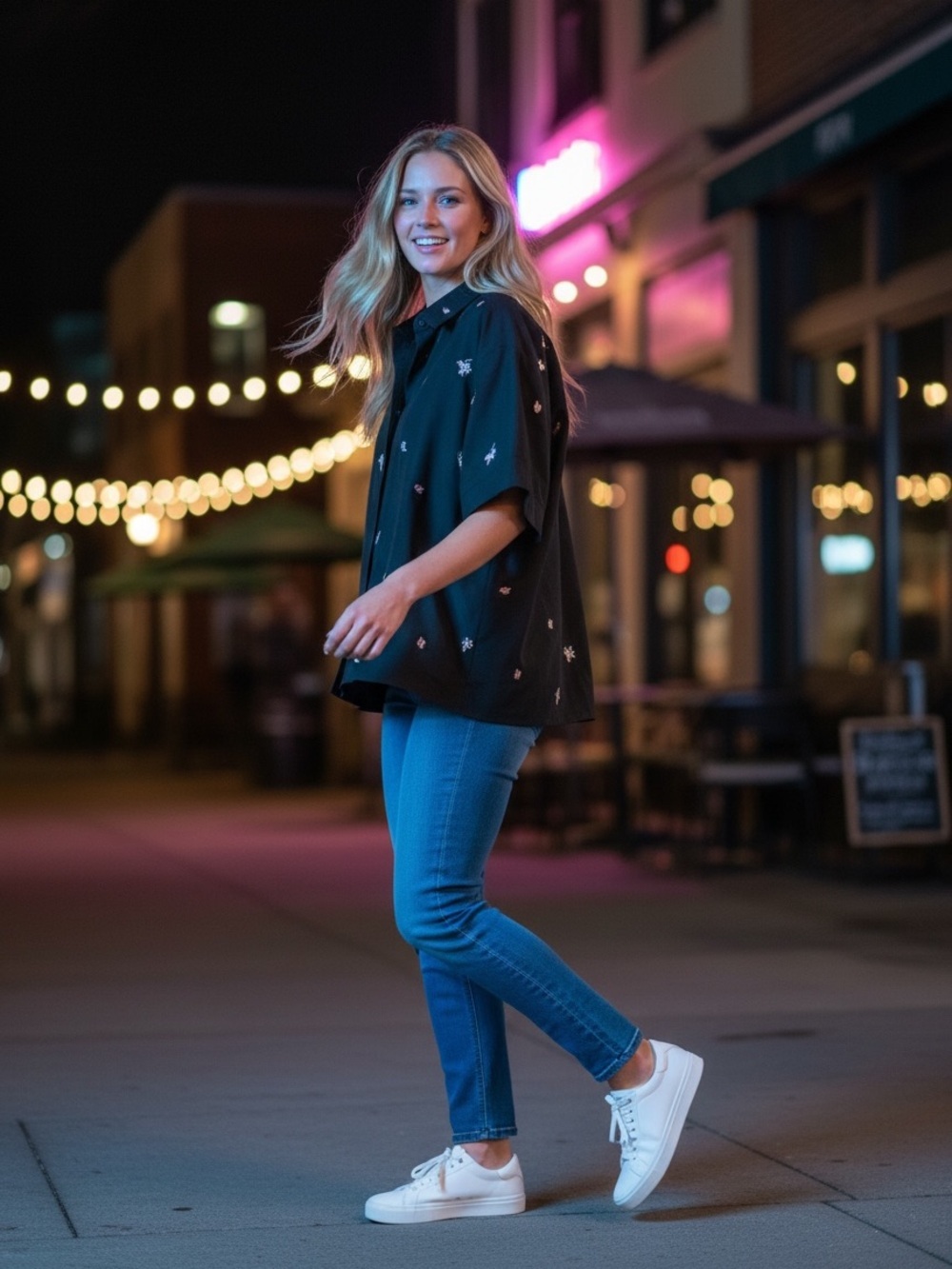 Romy Black Shirt with Tiny Pink and White Floral Embroidery